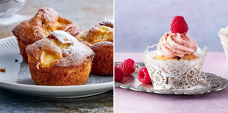 Tandis que le muffin (à gauche) fait plutôt profil bas, les <b>cupcakes à la framboise</b> (à droite) se montre toujours sur son trente et un.