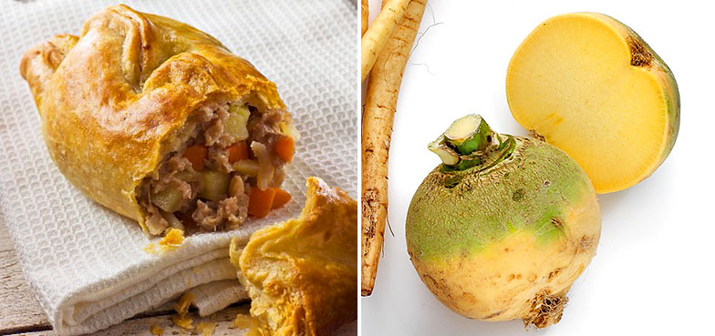 Neben Kartoffeln, Zwiebeln und Rindfleisch gehören auch Bodenkohlrabi (rechts) in die Füllung der der Cornish Pasty.  Foto links: StockFood / Huw Jones