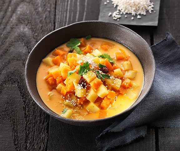 Kartoffel-Kürbis-Curry mit Amaranth-Pops (vegetarisch)