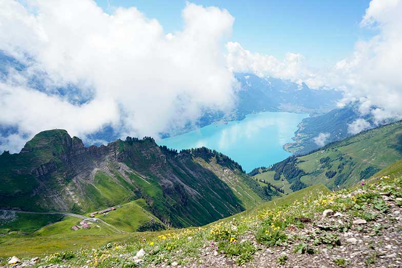 <b>Vue depuis le sentier panoramique vers le lac des Quatre-Cantons:</b> Stanserhorn, Bürgenstock, Pilatus et le bassin lacustre de Lucerne (d.g.à.d.)