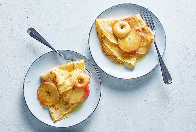 <b>Crêpes et pommes</b>: pas de sucre, mais du miel.