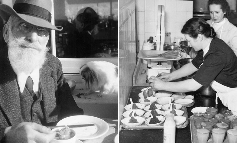 Le pékinois de Maximilian Bircher-Benner était lui aussi grand amateur de müesli (à g.). Vue dans la cuisine du sanatorium où l’on prépare le petit-déjeuner des patients (à d.).