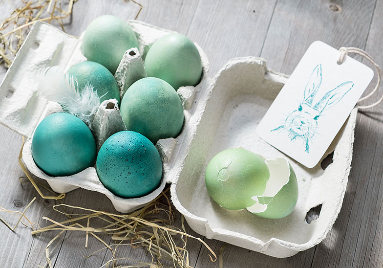 <b>Œufs de Pâques verts</b>: le curcuma transforme des œufs bleus en œufs verts.