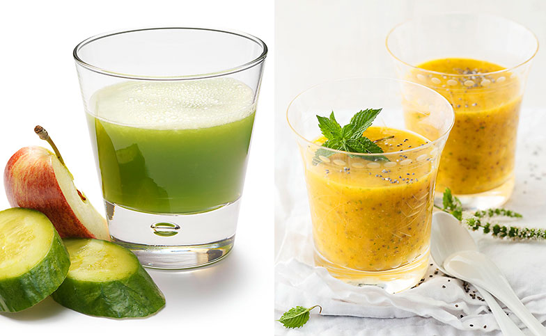 Jus clair de concombre et pomme (à gauche), pulpeux smoothie de mangue.