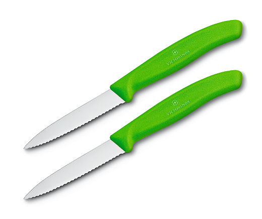 Couteau d’office vert Victorinox tranchant ondulé 8 cm (en duo)